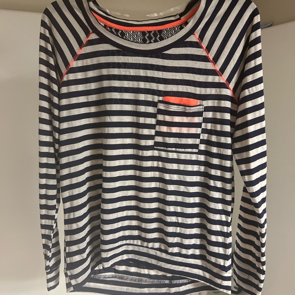 Self Esteem Navy and Grey Striped Long Sleeve Tee with Coral Accents